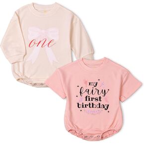 Baby Girl 1st Birthday Outfit, Bow Bubble Romper, 2-Pack Baby Girl Romper Set, Cute One Year Old Birthday Bodysuit