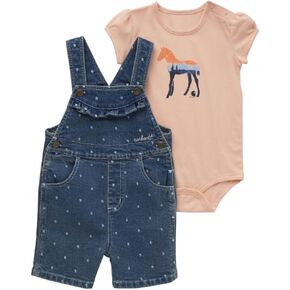 Carhartt Baby Infant Newborn Girls CG9882 Short-Sleeve Horse Bodysuit and Denim Shortall Set - Baby Toddler Girls - 18 Month - Denim Medium Wash