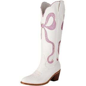 Women's White Cowgirl Boots with Glitter Bow Knee High Cowboy Boots Almond Round Toe Chunky Heel Embroidered Western Cowboy Boots for Women