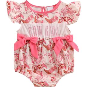 Western Baby Girl Outfit Cowgirl Smocked Bubble Romper Flutter Sleeve Bodysuit Cute Bow Onesie Newborn Summer Clothes