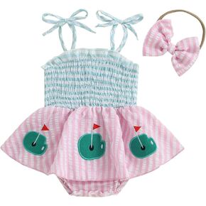 Baby Girl Golf Outfit Stripe Smocked Tie Shoulder Romper Dress Bodysuit with Headband Set Newborn Summer Clothes