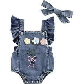 MAINESAKA Baby Girl Denim Romper Floral Sleeveless Ruffle Denim Bodysuit Overalls with Headband Newborn Summer Outfit