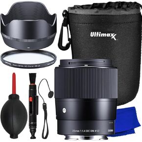 Ultimaxx Essential Sigma 23mm f/1.4 DC DN Contemporary Lens Bundle (X Mount) - Includes: Protective UV Filter, Water-Resistant Lens Pouch, Lens Hood, Universal Lens Cap Keeper & More (10pc Bundle)