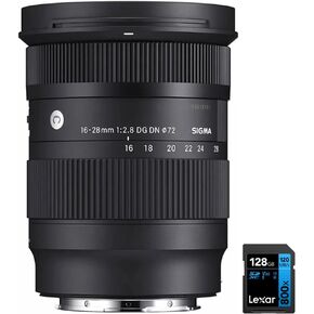 Sigma 206965 16-28mm F2.8 DG DN Contemporary Lens for Sony E Mount Bundle with Lexar 128GB High-Performance 800x UHS-I SDXC Memory Card