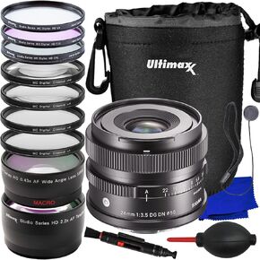 Ultimaxx Advanced Sigma 24mm f/3.5 Contemporary Lens Bundle (E-Mount) - Includes: 2.2X Telephoto Lens Attachment, 3PC Protective Filter Kit (UV, CPL, FLD), Lens Cap Keeper & More (19pc Bundle)