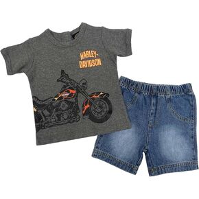 Harley-Davidson Baby Boys' 2-Piece Newborn Knit Tee & Denim Shorts Set