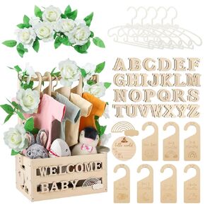 Wooden Baby Shower Crate Closet, Baby Shower Basket with Handle and Garland Easy Assembly DIY Baby Welcome Box Pregnancy Gifts for New Parents