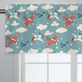 Unisex Plane Clouds Stars Nursery Short Curtain Valance with Rod Pocket for Boys Girls Kids Toddlers Bedroom Living Room Window Decor-18x54
