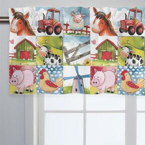 Unisex Farm Animals Cows Chicken Horse Sheep Pigs Nursery Short Curtain Valance with Rod Pocket for Boys Girls Kids Toddlers Bedroom Living Room Window Decor-18x54