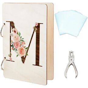 SUPERDANT Letter E Greeting Card Organizer Flowers Postcard Binder Birthday Wooden Cards Keeper Storage Photo Album for Wedding Holiday with Punch and 20pcs Inner Pockets Personalized Gifts