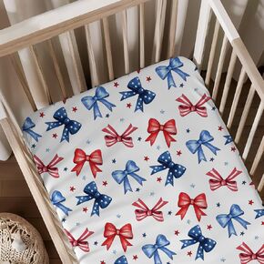 Watercolor 4 of July Bows Stars Pattern Baby Sheets for Crib, Unisex Independence Day Theme Bows Nursery Fitted Bed Sheet for Boys Girls Standard Crib and Toddler Mattress-28x52