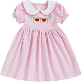 Toddler Baby Girl Back to School Clothes Peter Pan Collar Puff Sleeve Smocked Dress First Day of School Pre K Outfit