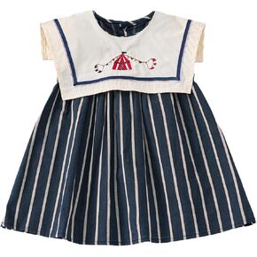 Baby Girls Sleeveless Navy Collar Striped Dress with Embroidery, 6 Months-5 Years, Summer Casual Style