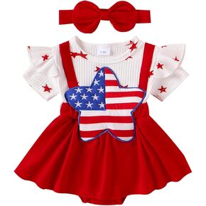 Newborn Baby Girl 4th of July Outfits Ruffle Short Sleeve Star Embroidery Romper Dress Headband Summer Clothes