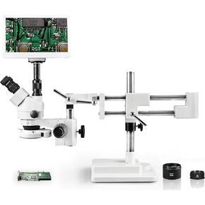 Vision VS-5FZ-IFR07-RET11.6 Simul-Focal Trinocular Zoom Stereo Microscope, 10x WF Eyepiece, 3.5X—90x Magnification, 0.5X & 2X Aux Lens, Double Arm Boom Stand,11.6" Retina HD Display with 5MP Camera