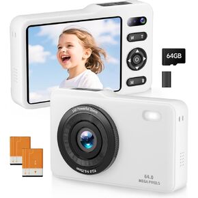 Digital Camera, 64MP FHD Dual Lens Autofocus Point and Shoot Digital Camera, 16x Zoom Vlogging Camera with 64GB SD Card, Compact Kids Camera Gift for Boys and Girls (White)