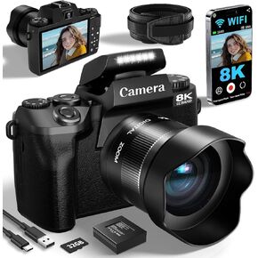8K 64MP Digital Cameras for Photography, Vlogging Camera for YouTube, 4" Touch Screen Selfie Camera, Auto Focu, 16X Digital Zoom with WiFi, 32GB Card, 3000mAh Batteries, Black