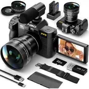 48MP Digital Cameras for Photography - 16X Zoom Travel Camera with 180° Flip Screen, 4K Vlogging Cameras Fotograficas for YouTube, Auto Focus, Macro Lens, 2 Batteries & 32GB SD Card（White）