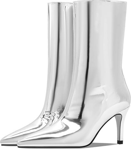 Women's Silver Mirror Boots Fashion Pointed Toe Mid Heel Short Boots Mid-Calf Shoes in Saudi Arabia