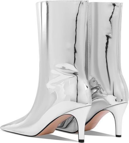 Women's Silver Mirror Boots Fashion Pointed Toe Mid Heel Short Boots Mid-Calf Shoes in Saudi Arabia