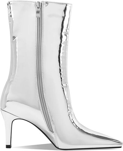 Women's Silver Mirror Boots Fashion Pointed Toe Mid Heel Short Boots Mid-Calf Shoes in Saudi Arabia