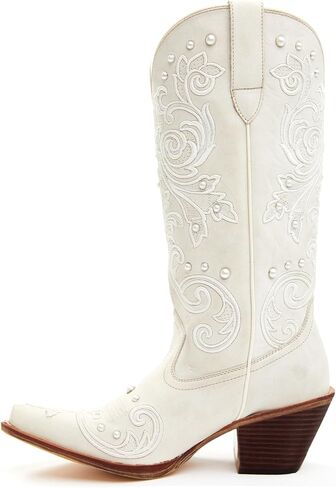 Missheel White Cowboy Boots for Women Mid العجل الزفاف مع اللؤلؤ in Kuwait