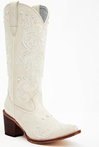 Missheel White Cowboy Boots for Women Mid العجل الزفاف مع اللؤلؤ in Kuwait