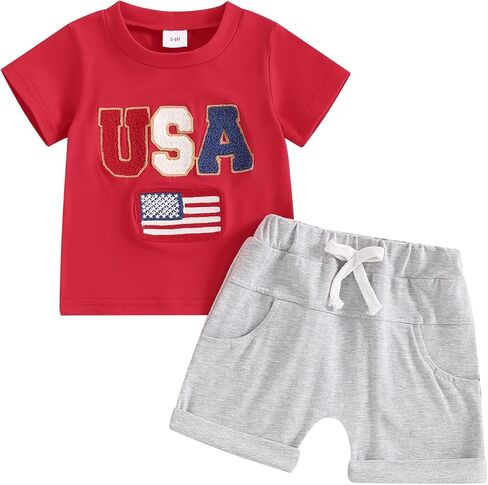 Baby Boys 4th of July Outfits Short Sleeves T-Shirt and Elastic Shorts Set Toddler Fourth Of July Outfits in Saudi Arabia