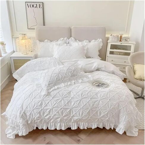 Bed Four Pieces Set Korean Stereoscopic Twist Flower Ruffles Princess Style Bedding Set Duvet Cover Set Bed Sheet Set Or Fitted Sheet Pillowcases(White,Fitted Bed Sheet-Queen 4PCS) in Saudi Arabia
