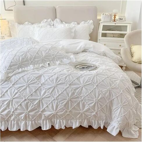 Bed Four Pieces Set Korean Stereoscopic Twist Flower Ruffles Princess Style Bedding Set Duvet Cover Set Bed Sheet Set Or Fitted Sheet Pillowcases(White,Fitted Bed Sheet-Queen 4PCS) in Saudi Arabia