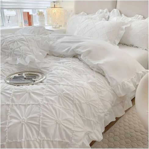 Bed Four Pieces Set Korean Stereoscopic Twist Flower Ruffles Princess Style Bedding Set Duvet Cover Set Bed Sheet Set Or Fitted Sheet Pillowcases(White,Fitted Bed Sheet-Queen 4PCS) in Saudi Arabia