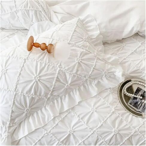 Bed Four Pieces Set Korean Stereoscopic Twist Flower Ruffles Princess Style Bedding Set Duvet Cover Set Bed Sheet Set Or Fitted Sheet Pillowcases(White,Fitted Bed Sheet-Queen 4PCS) in Saudi Arabia