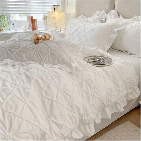 Bed Four Pieces Set Korean Stereoscopic Twist Flower Ruffles Princess Style Bedding Set Duvet Cover Set Bed Sheet Set Or Fitted Sheet Pillowcases(White,Fitted Bed Sheet-Queen 4PCS) in Saudi Arabia