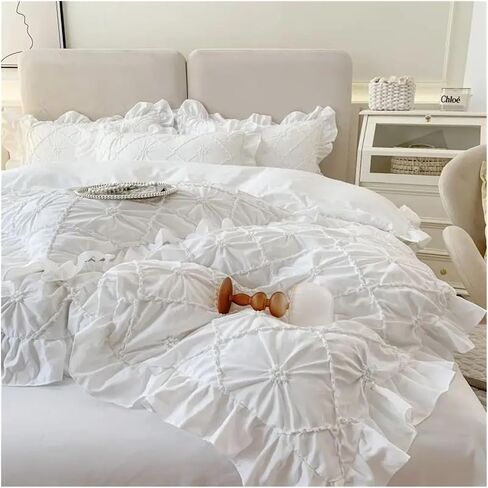 Bed Four Pieces Set Korean Stereoscopic Twist Flower Ruffles Princess Style Bedding Set Duvet Cover Set Bed Sheet Set Or Fitted Sheet Pillowcases(White,Fitted Bed Sheet-Queen 4PCS) in Saudi Arabia