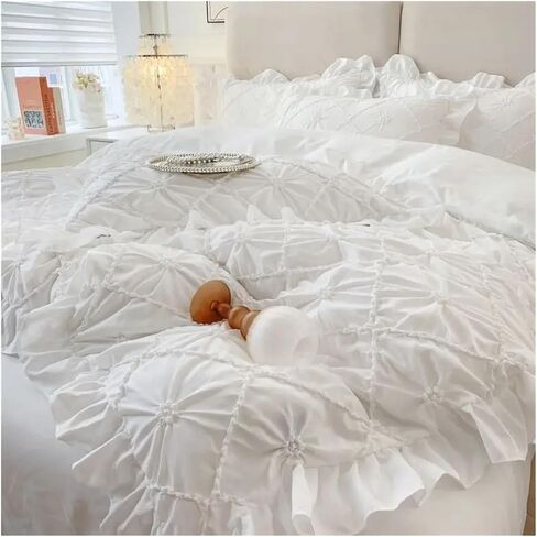 Bed Four Pieces Set Korean Stereoscopic Twist Flower Ruffles Princess Style Bedding Set Duvet Cover Set Bed Sheet Set Or Fitted Sheet Pillowcases(White,Fitted Bed Sheet-Queen 4PCS) in Saudi Arabia