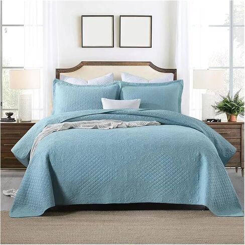 Bed Four Pieces Set 3pcs Luxury Cotton Bedspread on The Bed Plaid Quilted Bed Cover Double bedspreads and coverlets Summer Blanket Mattress Topper(Blu,3pcs 250cmx270cm) in Saudi Arabia