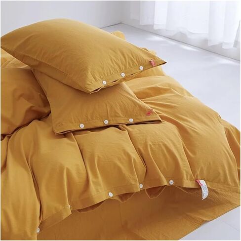 سرير أربع قطع مجموعة حمراء 100 ٪ من الكتان القطن المغسول يشعر ناعم مريح 4pcs الفراش مجموعة الصلبة البحرية السوداء الزر غطاء غطاء حاف 1 السرير 2 وسادة (giallo ، مزدوج 4pcs) in Kuwait