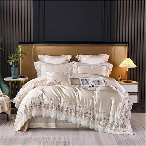 Bed Four Pieces Set Champagne French Wedding Bedding Set Chic Lace Silk Cotton Luxury Princess Duvet Cover Bed Comforter Covers Bed Sheet Pillowcase(B,Fitted Bed Sheet-King 4PCS) in Kuwait