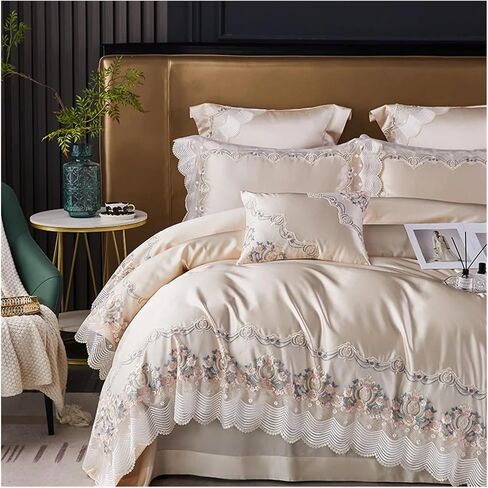 Bed Four Pieces Set Champagne French Wedding Bedding Set Chic Lace Silk Cotton Luxury Princess Duvet Cover Bed Comforter Covers Bed Sheet Pillowcase(B,Fitted Bed Sheet-King 4PCS) in Kuwait