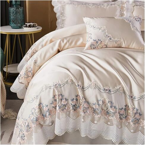 Bed Four Pieces Set Champagne French Wedding Bedding Set Chic Lace Silk Cotton Luxury Princess Duvet Cover Bed Comforter Covers Bed Sheet Pillowcase(B,Fitted Bed Sheet-King 4PCS) in Kuwait