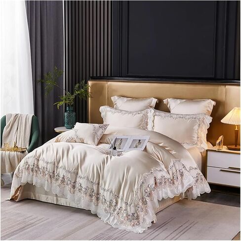 Bed Four Pieces Set Champagne French Wedding Bedding Set Chic Lace Silk Cotton Luxury Princess Duvet Cover Bed Comforter Covers Bed Sheet Pillowcase(B,Fitted Bed Sheet-King 4PCS) in Kuwait