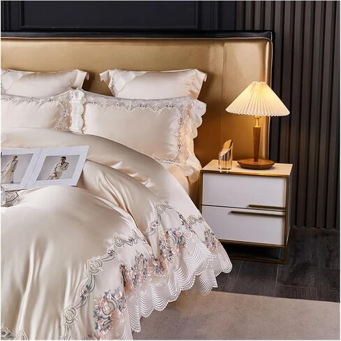 Bed Four Pieces Set Champagne French Wedding Bedding Set Chic Lace Silk Cotton Luxury Princess Duvet Cover Bed Comforter Covers Bed Sheet Pillowcase(B,Fitted Bed Sheet-King 4PCS) in Kuwait