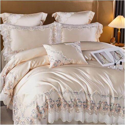 Bed Four Pieces Set Champagne French Wedding Bedding Set Chic Lace Silk Cotton Luxury Princess Duvet Cover Bed Comforter Covers Bed Sheet Pillowcase(B,Fitted Bed Sheet-King 4PCS) in Kuwait