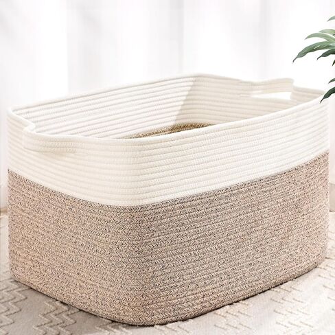 Large Blanket Basket, 60 L Rectangle Storage Baskets for Organizing, Woven Laundry Basket for Blankets, Cotton rope Blanket Storage for Living Room, Nursery Room, Brown in Kuwait