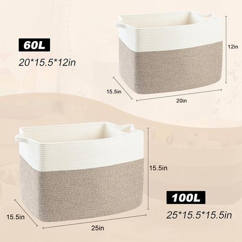 Large Blanket Basket, 60 L Rectangle Storage Baskets for Organizing, Woven Laundry Basket for Blankets, Cotton rope Blanket Storage for Living Room, Nursery Room, Brown in Kuwait