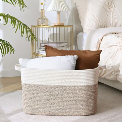 Large Blanket Basket, 60 L Rectangle Storage Baskets for Organizing, Woven Laundry Basket for Blankets, Cotton rope Blanket Storage for Living Room, Nursery Room, Brown in Kuwait