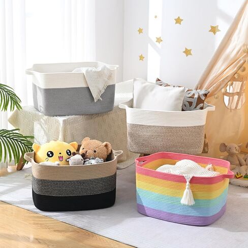 Large Blanket Basket, 60 L Rectangle Storage Baskets for Organizing, Woven Laundry Basket for Blankets, Cotton rope Blanket Storage for Living Room, Nursery Room, Brown in Kuwait