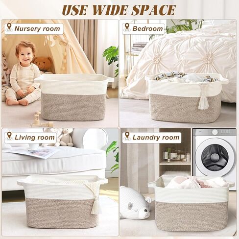 Large Blanket Basket, 60 L Rectangle Storage Baskets for Organizing, Woven Laundry Basket for Blankets, Cotton rope Blanket Storage for Living Room, Nursery Room, Brown in Kuwait