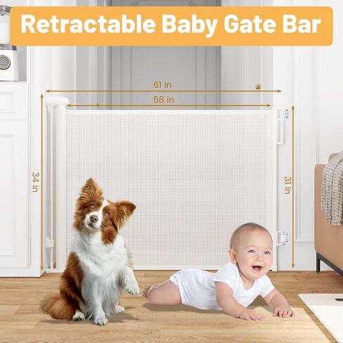 Retractable Baby Gate, 58" W x 33" H Extra Wide Mesh Dog Gate for Stairs, Doorways, Hallways, Outdoor, Indoor(White) in Saudi Arabia