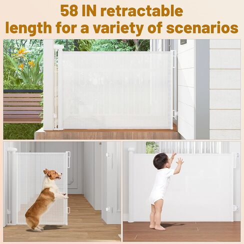 Retractable Baby Gate, 58" W x 33" H Extra Wide Mesh Dog Gate for Stairs, Doorways, Hallways, Outdoor, Indoor(White) in Saudi Arabia